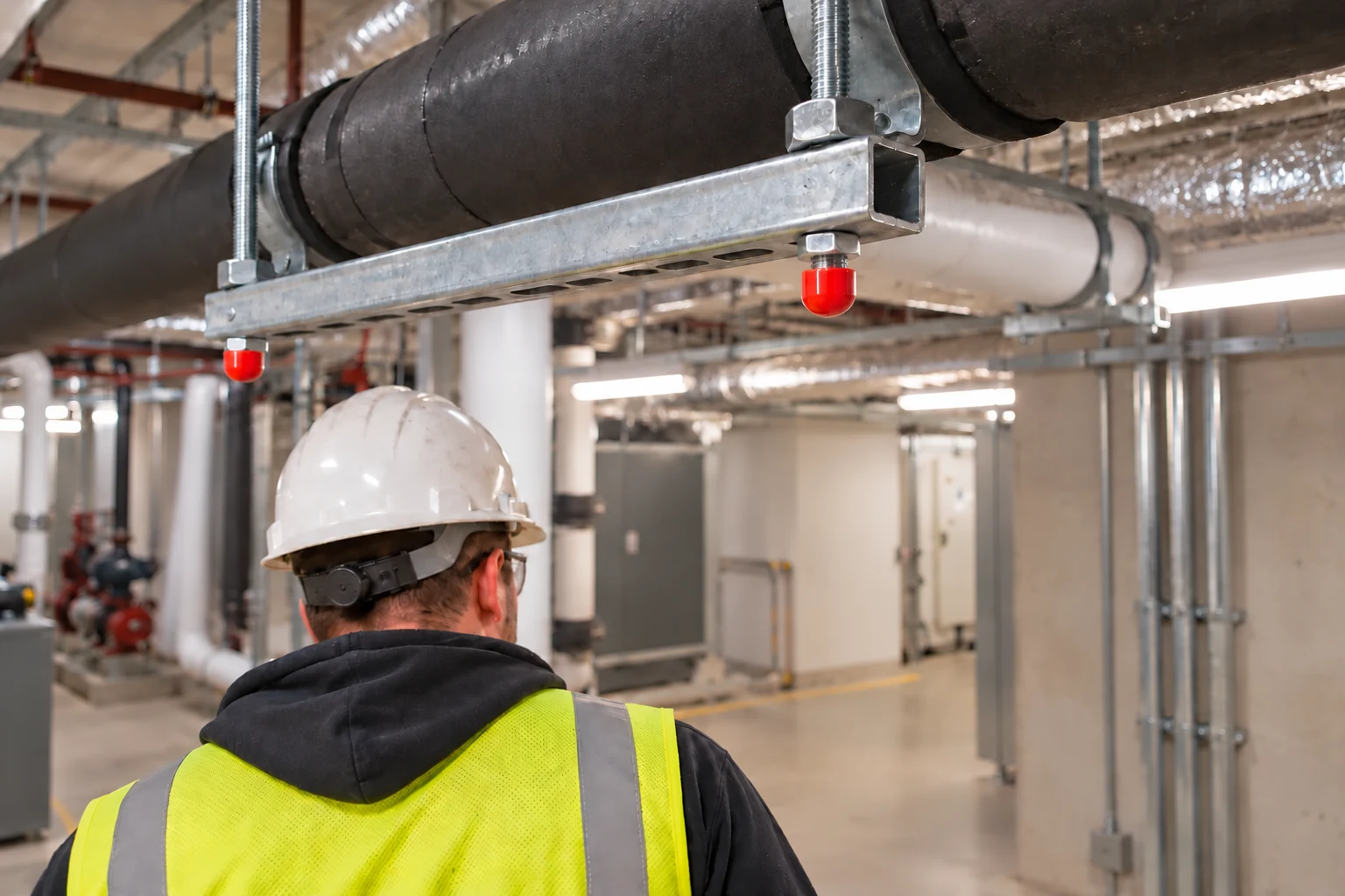 Rounded red Riser Guards covering equal-length exposed threaded-rod ends below an overhead pipe trapeze as a technician passes beneath
